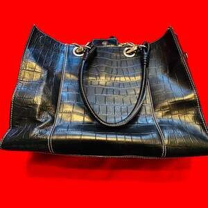 Wilsons Leather Black Croc Embossed Tote Bag with Leopard Print Lining